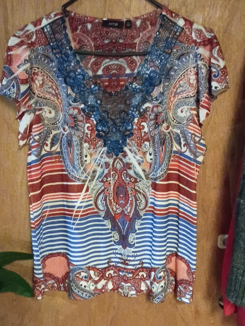 Apt. 9 Blue and Red Paisley Beaded V-Neck Short Sleeve Top